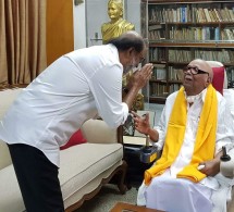 SuperStar Rajinikanth meets DMK chief Dr.Kalaignar Karunanidhi today evening at Gopalapuram residence